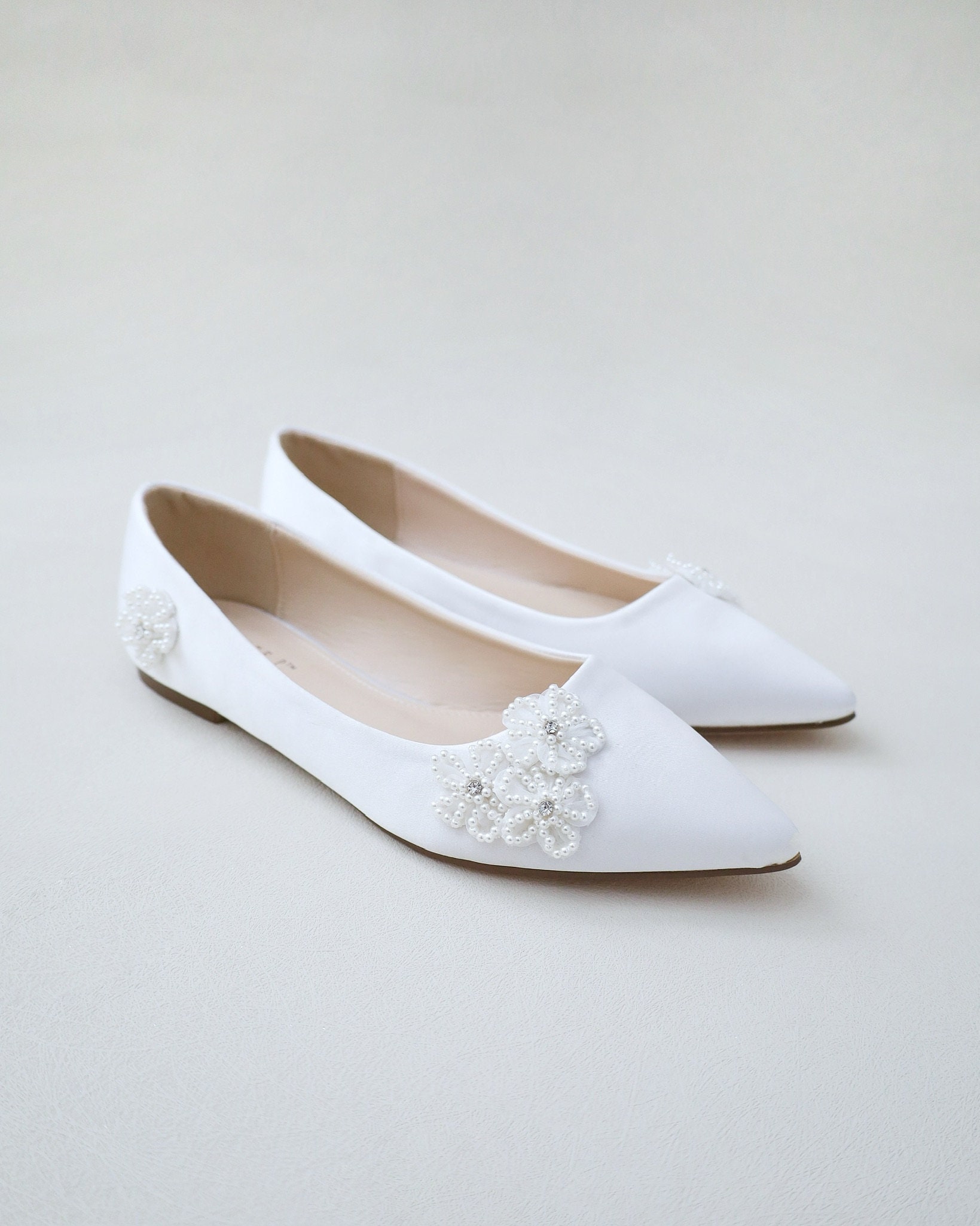 White Wedding Flats with All Pearls Chassia Flowers, Wedding Shoes, Bridesmaid Shoes, White Bridal Shoes, Bride Shoes, White Satin Shoes