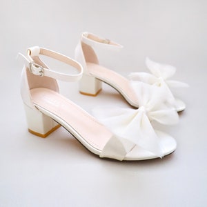 Ivory Satin Block Heel Sandal with Front Oversized TULLE BOW, Women Sandals, Bridesmaid Shoes, Wedding Shoes