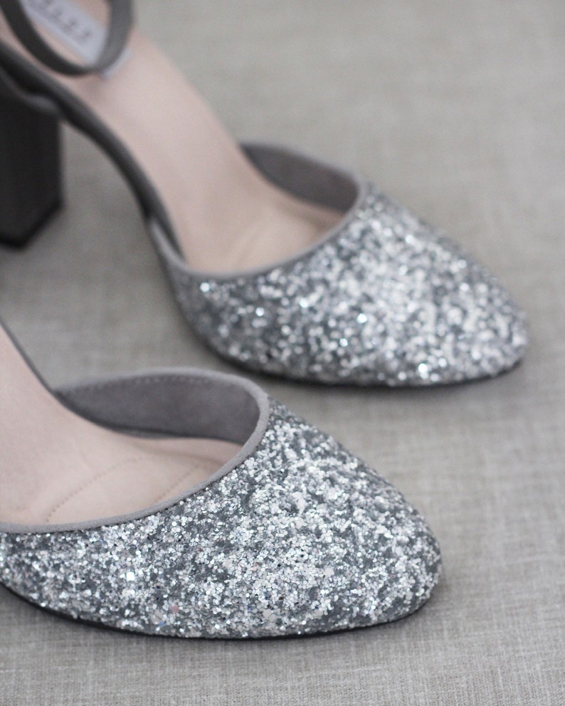 silver glitter block heel shoes