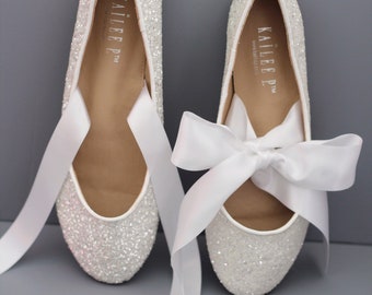 White Rock Glitter Flats with SATIN RIBBON - Women White Wedding Shoes - Bride Shoes, Bridesmaids Shoes, Party Shoes, Holiday Shoes