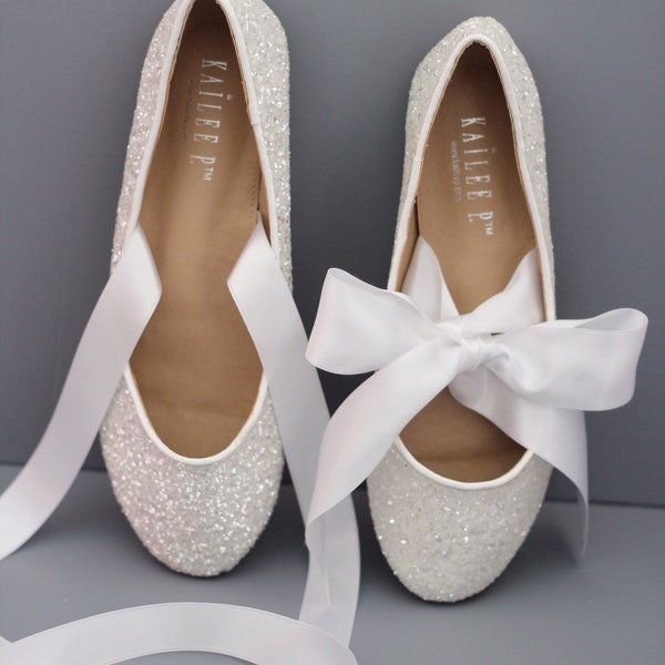 White Rock Glitter Flats with SATIN RIBBON - Women White Wedding Shoes - Bride Shoes, Bridesmaids Shoes, Party Shoes, Holiday Shoes