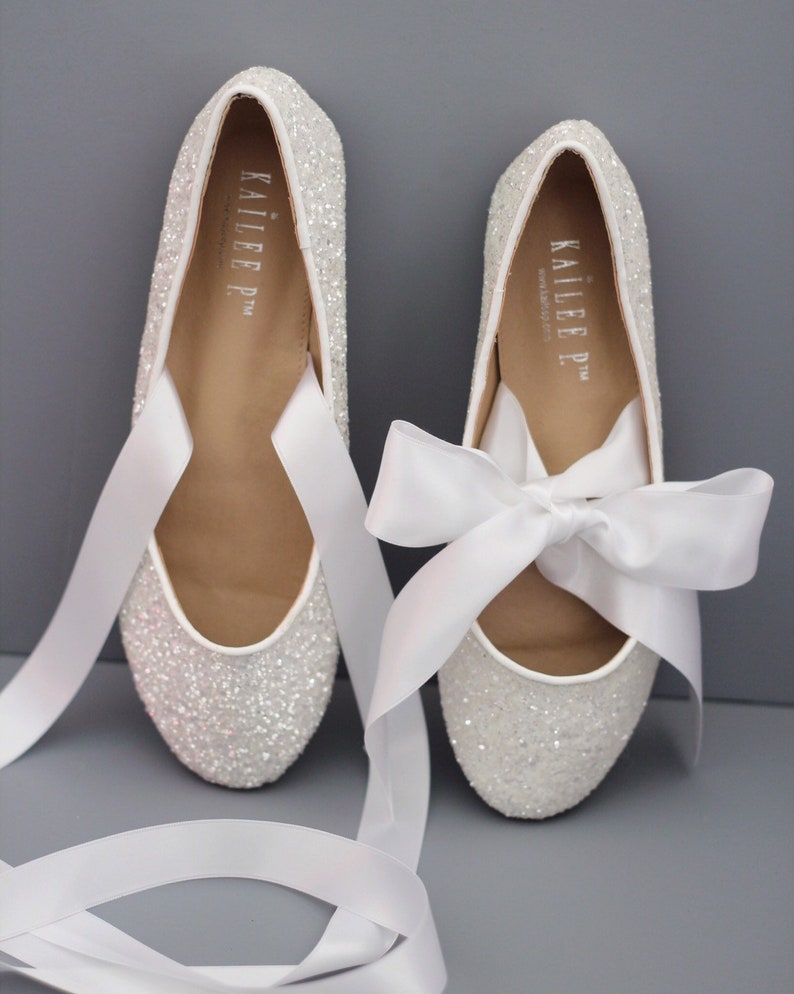 White Rock Glitter Flats with SATIN RIBBON Women White Wedding Shoes Bride Shoes, Bridesmaids Shoes, Party Shoes, Holiday Shoes image 1