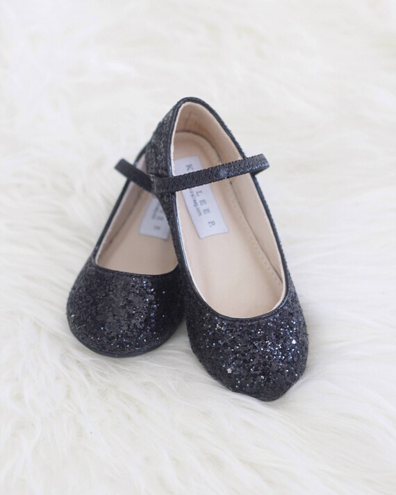 Black Rock Glitter Mary Jane Flats Flower Girls Shoes Etsy