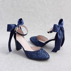 Navy Rock Glitter Block Heel with SATIN BACK BOW, Women Wedding Shoes, Bridesmaids Shoes, Bridal Shoes, Bride Pumps, Holiday Shoes image 3