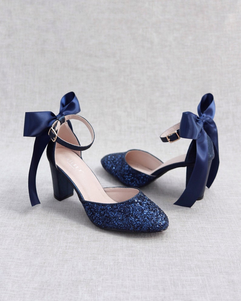 Navy Rock Glitter Block Heel with SATIN BACK BOW, Women Wedding Shoes, Bridesmaids Shoes, Bridal Shoes, Bride Pumps, Holiday Shoes image 3