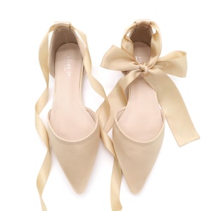 Chaussures plates bout pointu en satin champagne avec cravate en satin ou lacets de ballerine, chaussures de mariage d&#39;automne, chaussures de demoiselles d&#39;honneur, chaussures de vacances