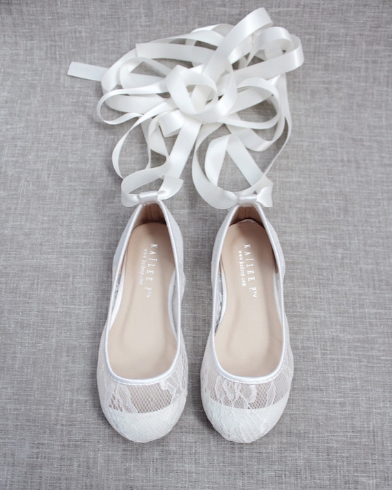 Girls White New Lace Ballerina Flats With Ballerina Lace up Flower