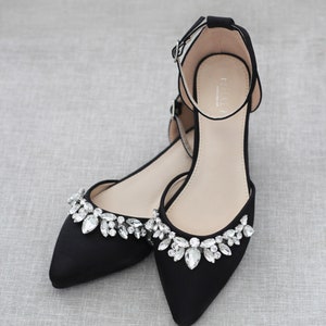 Black Pointy Toe Flats with Sparkly TEARDROP RHINESTONES, Fall Wedding Shoes, Bridesmaid Shoes, Evening Shoes, Women Flats, Holiday Shoes