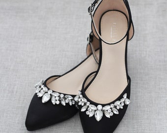 Black Pointy Toe Flats with Sparkly TEARDROP RHINESTONES, Fall Wedding Shoes, Bridesmaid Shoes, Evening Shoes, Women Flats, Holiday Shoes