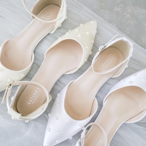 White Ivory Satin Pointy Toe Flats with Scattered Pearls, Women Wedding  Shoes, Bridal Shoes, Bridal Flats, White Shoes, Pearl Bridal Shoes