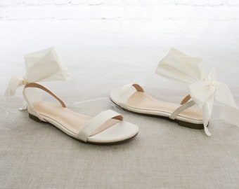 Ivory Satin Flat Sandal with WRAPPED SATIN TIE, Bridesmaid Shoes, Women Sandals, Kids Sandals, Mommy and Me Shoes