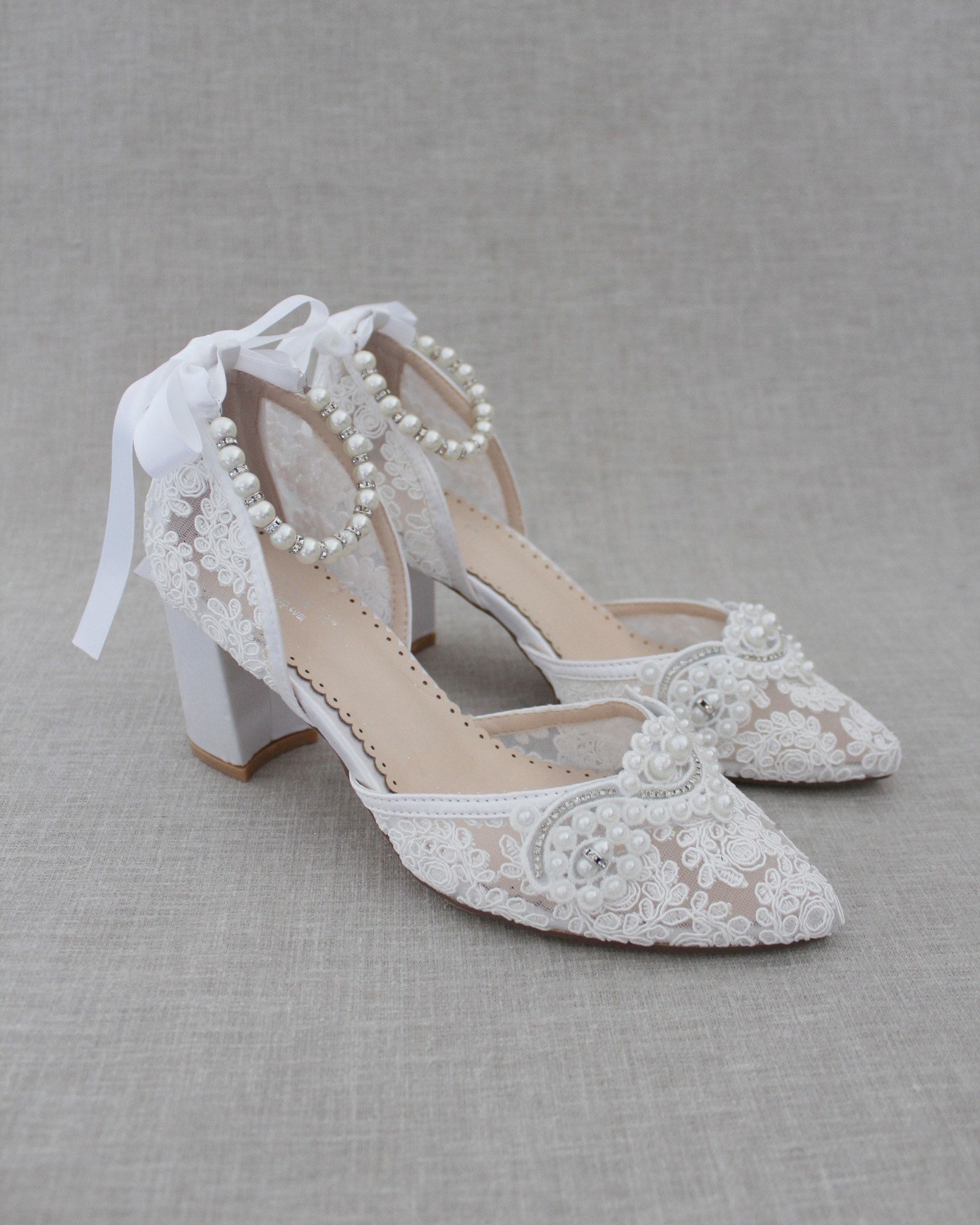 White Crochet Lace Almond Toe Block Heel With Small Pearls - Etsy