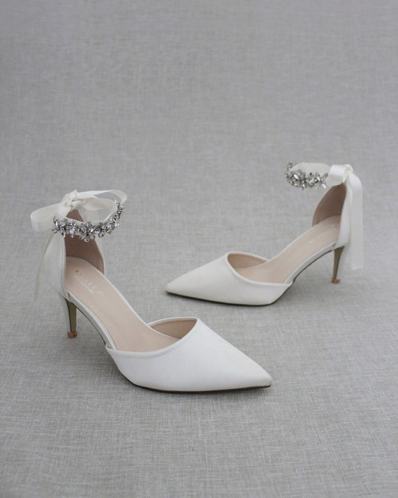 white satin pointed toe heels