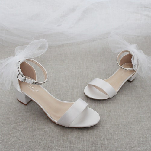White Satin Block Heel Sandal With TULLE BACK BOW Bride - Etsy