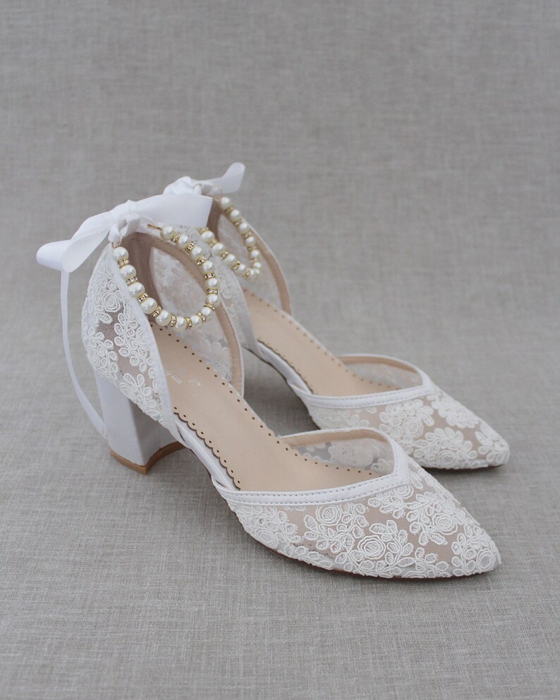 White Crochet Lace Almond Toe Block Heel With Pearl Ankle - Etsy