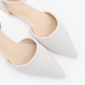 White Satin Pointy Toe Flats with MINI PEARLS and Ankle Strap | Women Wedding Shoes, Bridal Shoes, Bridal Flats, White Shoes image 5
