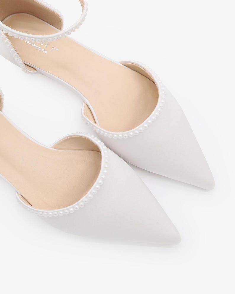 White Satin Pointy Toe Flats with MINI PEARLS and Ankle Strap | Women Wedding Shoes, Bridal Shoes, Bridal Flats, White Shoes image 5