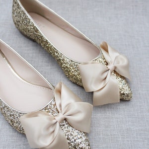 Gold Rock Glitter Pointy Toe Flats with Oversized SATIN BOW, Women Wedding Shoes, Bridesmaid Shoes, Glitter Shoes, Gold Holiday Shoes image 5