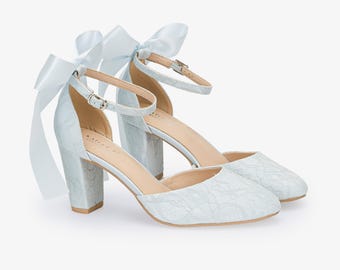 Light Blue Lace Block Heel with Satin Back Bow, Women Wedding Shoes, Bridal Shoes, Bridal Heels, Something Blue Shoes
