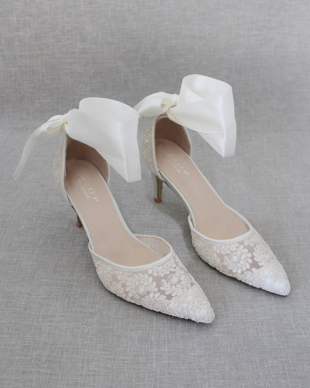 Ivory Crochet Lace Pointy Toe Heels With WRAPPED SATIN TIE, Women ...