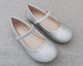 Silver Fine Glitter Maryjane Flats for Flower Girls Shoes, Girls Shoes, Holiday Shoes, Party Shoes