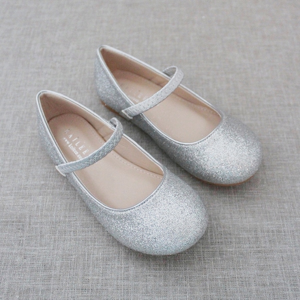 Silver Fine Glitter Maryjane Flats for Flower Girls Shoes, Girls Shoes, Holiday Shoes, Party Shoes