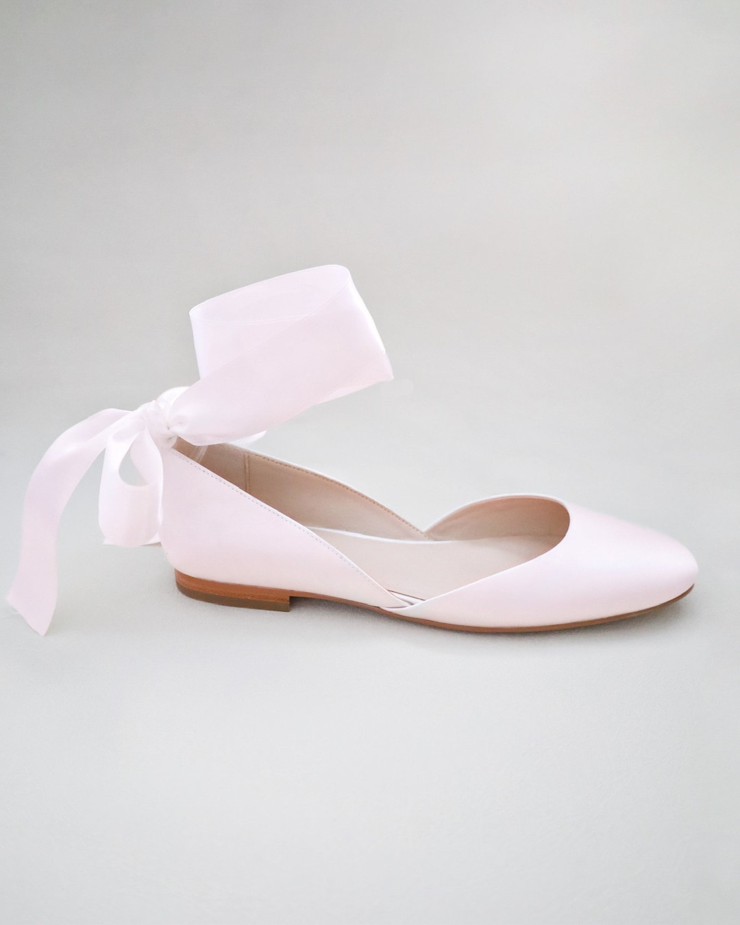 Dusty Pink Satin Round Toe Bridal Flat With Wrapped Ribbon Tie - Bridal ...