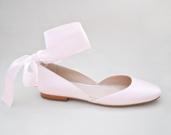 Dusty Pink Satin Round Toe Bridal Flat with Wrapped Ribbon Tie - Bridal Shoes, Fall Wedding Shoes, Bridesmaids Shoes