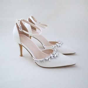 Ivory Satin Pointy Toe Wedding Heels with Marquise Rhinestones  - Something Blue, Bridesmaids Shoes, Wedding Shoes, Women Shoes