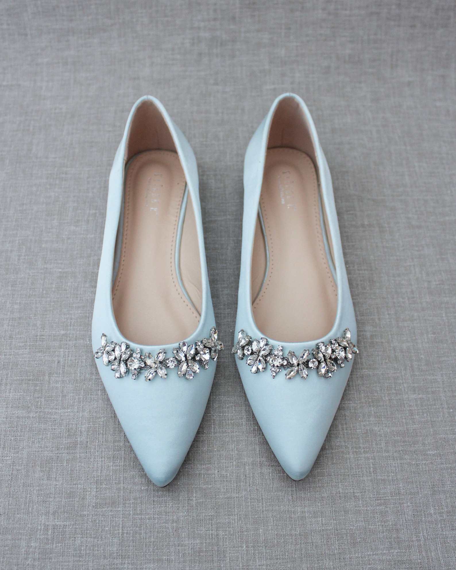 Light Blue Satin Pointy Toe Flats With FLORAL RHINESTONES - Etsy
