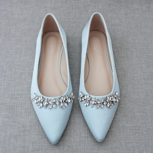 Light Blue Satin Pointy Toe Flats with FLORAL RHINESTONES Embellishments, Women Shoes, Light Blue Wedding, Something Blue, Bridesmaid Shoes image 2