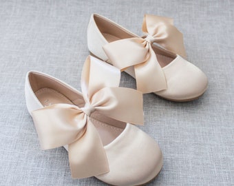 Champagne Satin Maryjane Flats with GOLD SATIN BOW, Fall Flower Girl Shoes,  Toddler Shoes, Gold Shoes, Holiday Shoes, Gold Satin Shoes