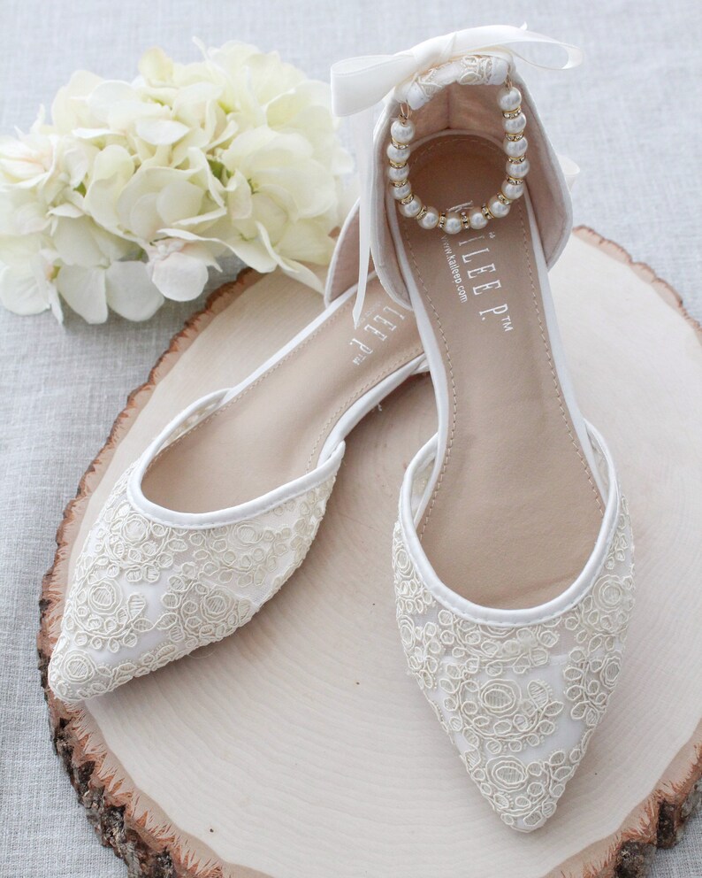 Ivory Crochet Lace Pointy Toe Flats Women Wedding Shoes | Etsy