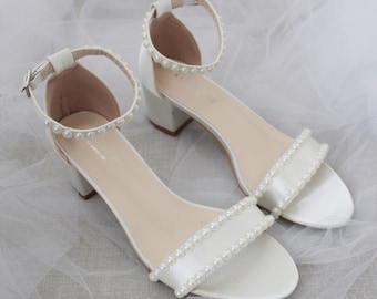 Women & Kids Shoes | Ivory Satin Block Heel Sandal with PEARLS, Bridesmaid Shoes, Women Sandals, Kids Heels, Mommy and Me Shoes