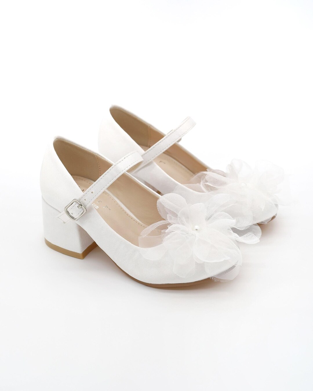 White Satin Mary Jane Block Heel With Ophelia Flowers, Flower Girls ...