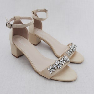 Champagne Satin Block Heel Sandals With Embellished FLORAL RHINESTONES ...