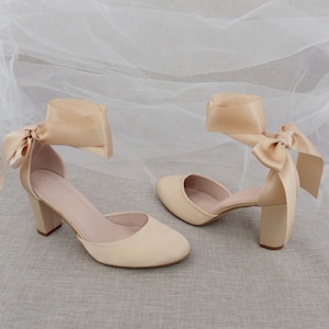 Champagne Satin Block Heel with WRAPPED SATIN TIE, Women Wedding Shoes, Bridal Shoes, Bridal Heels, Bride Heels