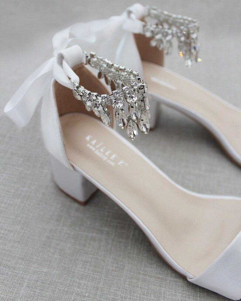 white satin block heels