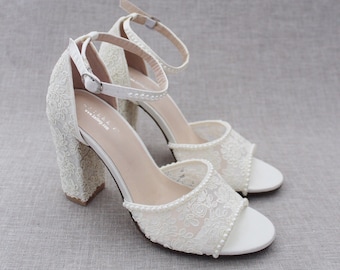 White & Ivory Crochet Lace Block Heel Sandals with MINI PEARLS - Women Wedding Shoes, Bridesmaid Shoes, Bridal Shoes, Wedding Lace Heels