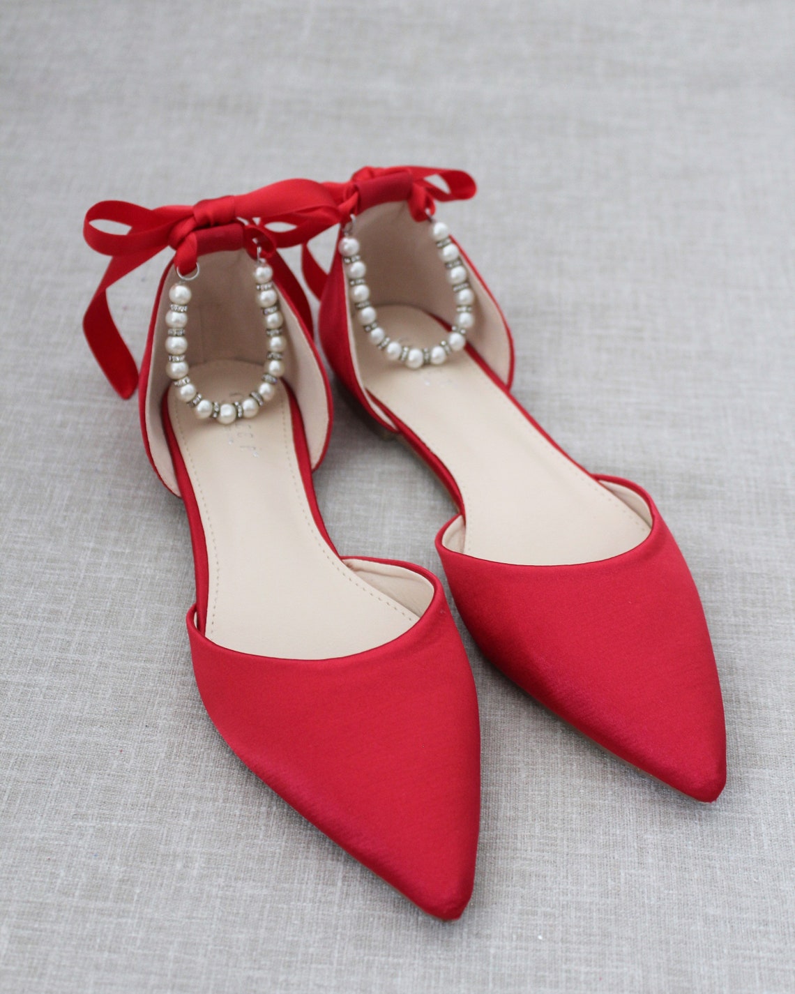 Red Satin Pointy Toe Flats With PEARLS ANKLE STRAP Wedding - Etsy