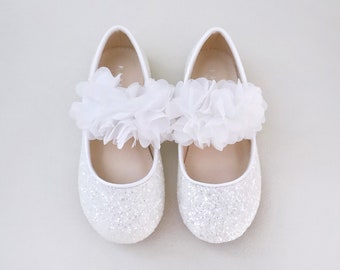 White Rock Glitter Mary Jane with Chiffon Flowers for Girls Costume Shoes, Halloween Shoes, Costume Flats, Flower Girls, Birthday Shoes