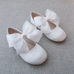 White Satin Mary Jane with WHITE SATIN BOW - Girls Satin Shoes, White Baptism Shoes, Communion Shoes, Flower Girls Shoes, Holiday Shoes