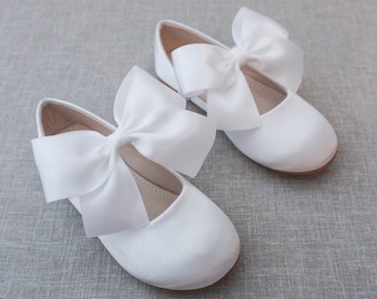 White Satin Mary Jane with WHITE SATIN BOW - Girls Satin Shoes, White Baptism Shoes, Communion Shoes, Flower Girls Shoes, Holiday Shoes
