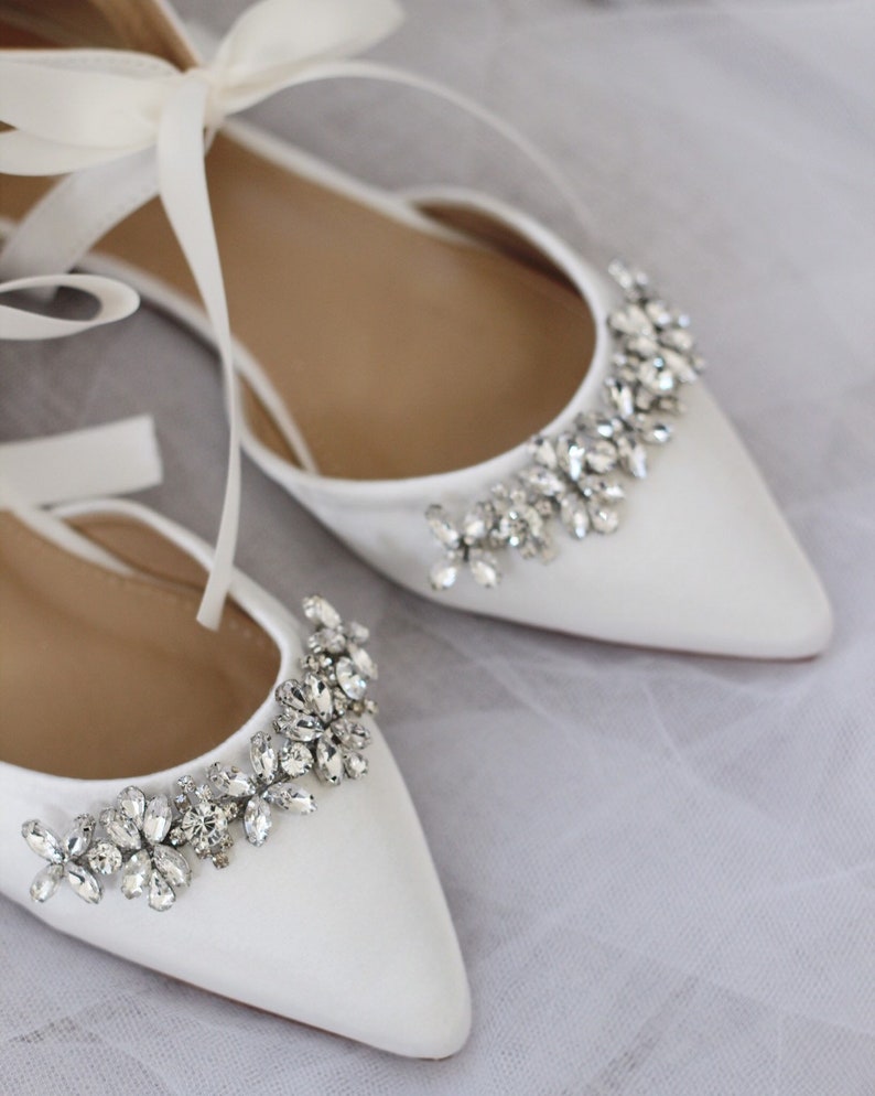 Ivory Satin Pointy Toe flats with FLORAL RHINESTONES and Satin | Etsy