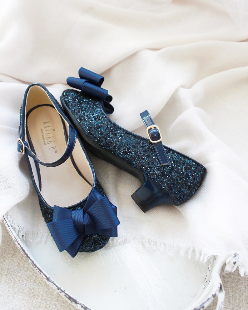 Navy Blue Birthday Shoes Flower Girl shoes NAVY Rock Glitter Mary Jane Heel with GrosgrainBow Girls Party Shoes