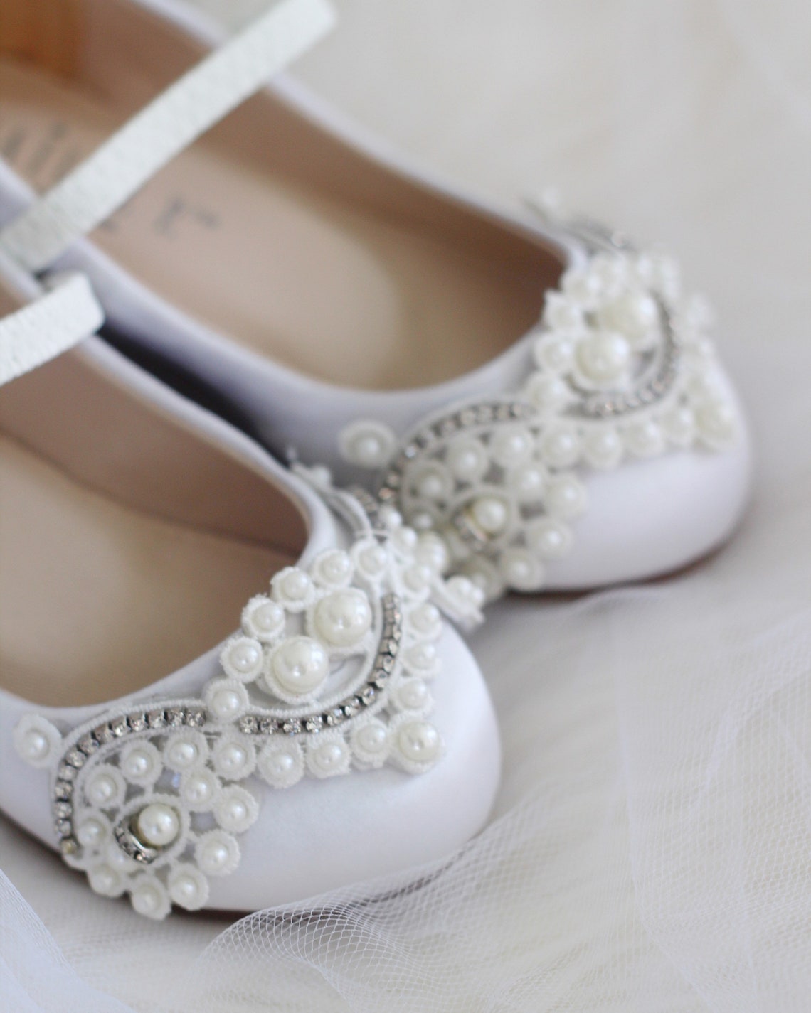 Jolene White Floral Embroidered Flats w/ Pearl Accents