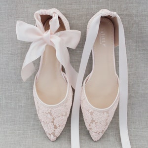 Dusty Pink Crochet Lace Pointy Toe Flats - Women Wedding Shoes, Bridesmaid Shoes, Bridal Flats, Wedding Flats, Bridal Lace Shoes