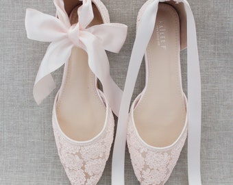 Dusty Pink Crochet Lace Pointy Toe Flats - Women Wedding Shoes, Bridesmaid Shoes, Bridal Flats, Wedding Flats, Bridal Lace Shoes