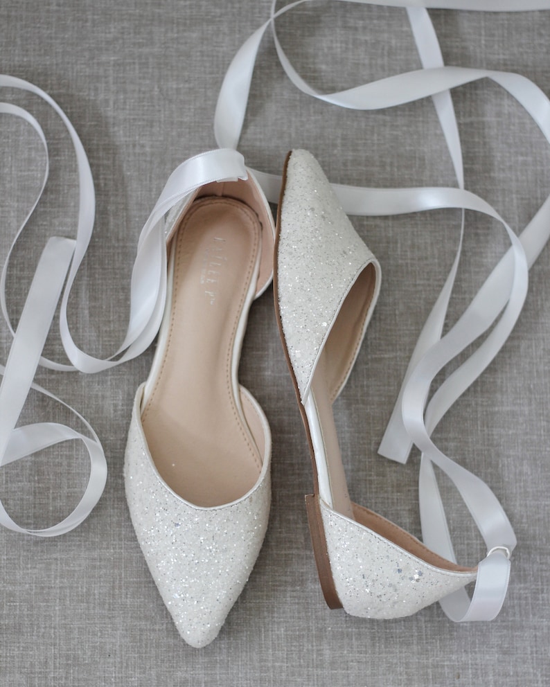 Wedding Shoes Bridal Shoes Bride Shoes White Rock Glitter Pointy Toe Flats with satin ANKLE TIE or BALLERINA Lace Up Bridesmaids Shoes