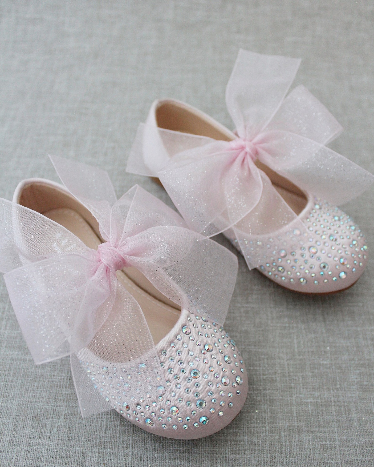 Dusty Pink Satin Mary Jane Flats With CHIFFON BOW and Rhinestones, for ...